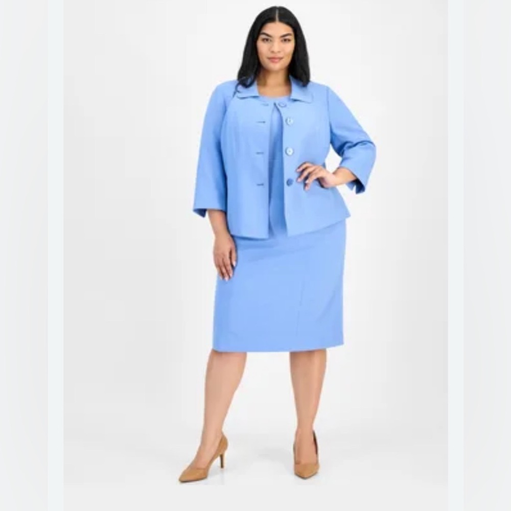 NWT Le Suit Plus Size Button-Front Boxy Jacket & Sheath Dress Set Pale Blue 22W